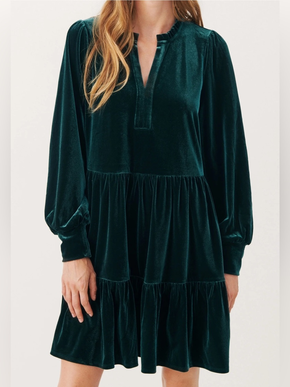 NWT Velvet Tiered Long-Sleeve Mini Dress - Deep Emerald Green